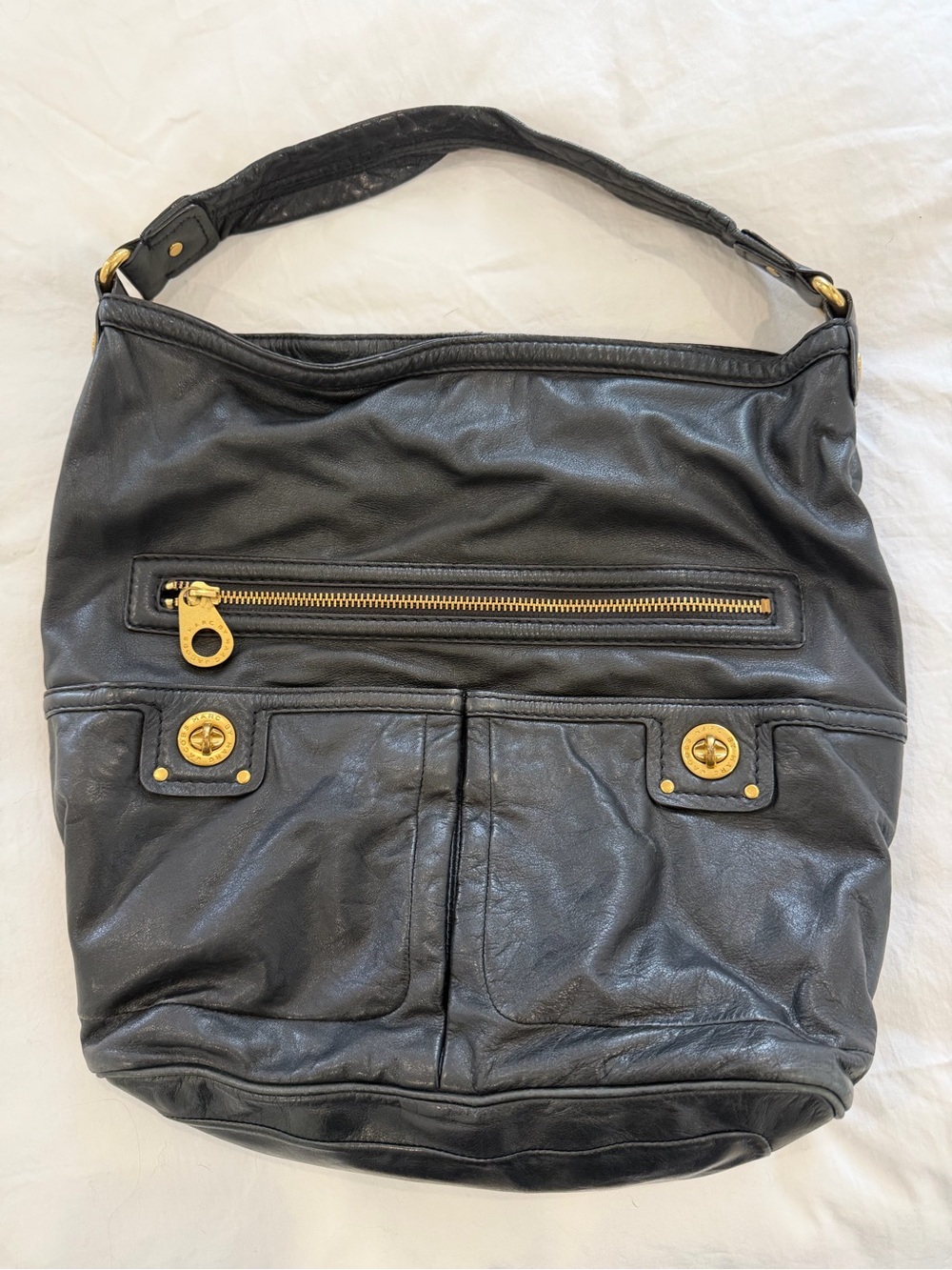 Marc Jacobs Black Leather Shoulder Bag with Gold Hardware